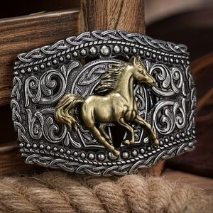 New Western Horse Belt Buckle Silver Tone Gold Horse Cowboy Rodeo Cowgirl